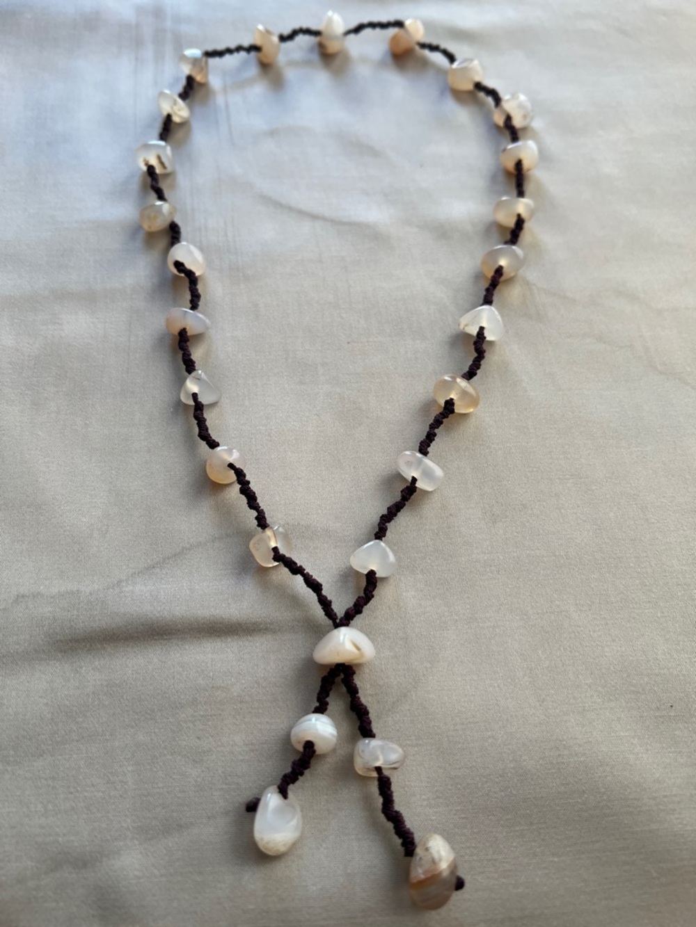 Lariat Necklace with Creamy White Agate Beads on Dark Cord